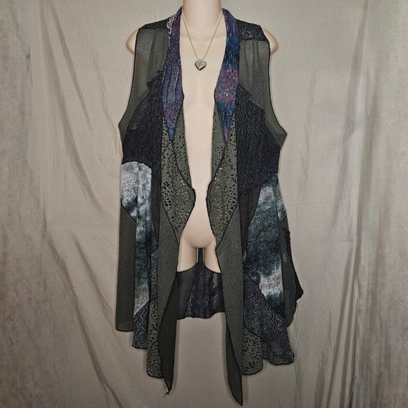 Sleeveless Cardigan Duster Open Front Patchwork‎ Knit Vest Bohemian - Picture 1 of 4
